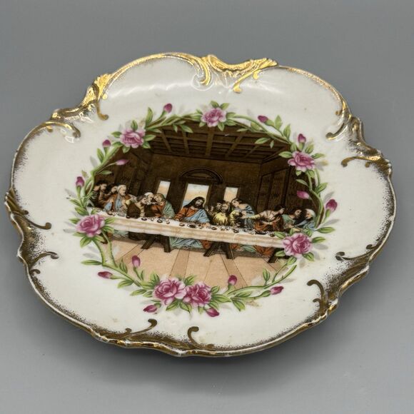 Vtg Last Supper Porcelain Plate Wall Hanging Japan Gold Gilt 6 in Dia Regilous - Picture 5 of 6